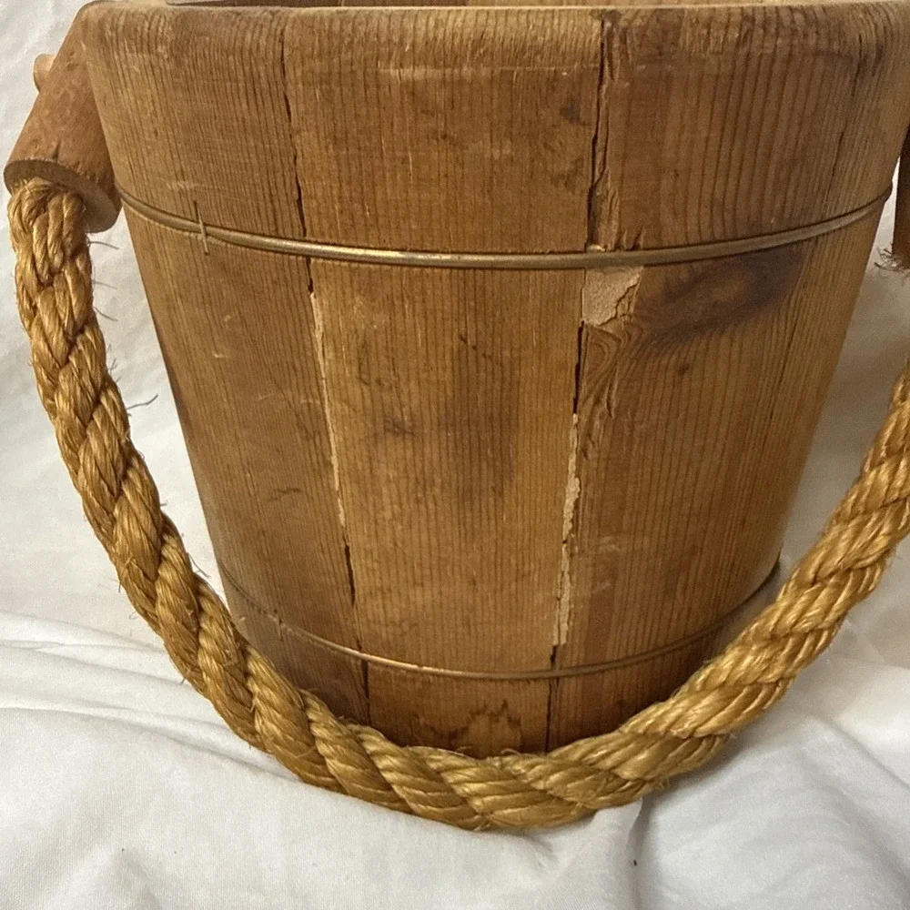 Vintage Wooden Firkin Sugar Bucket Copper Wire Band Rope Well Pail Cottagecore